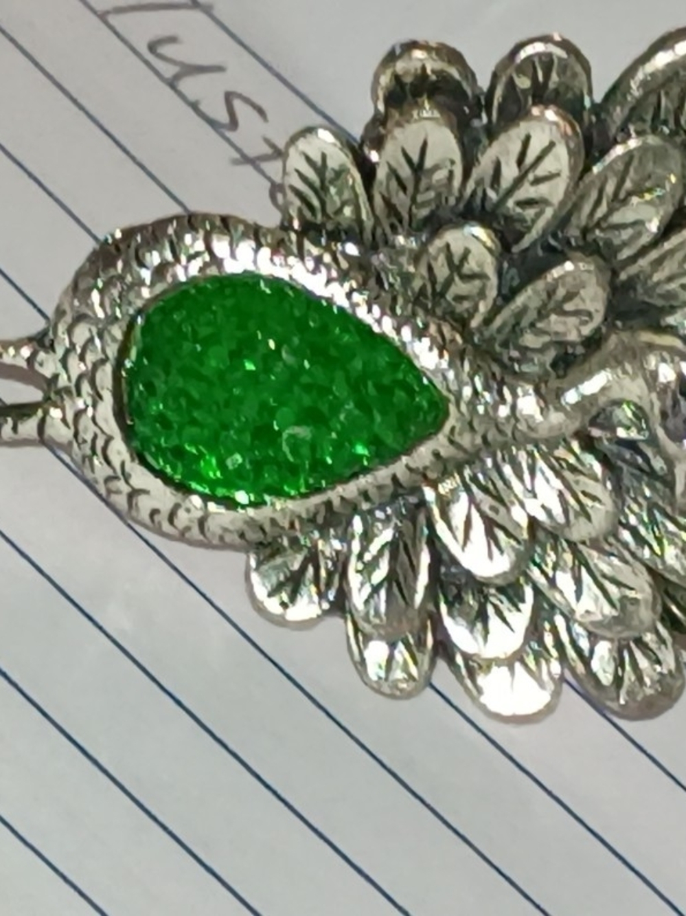 Silver-Tone Teardrop Peacock Pendant Ring with Green Stone